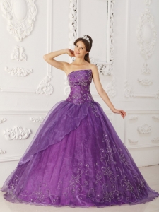 New Purple Quinceanera Dress Strapless Satin and Organza Beading Ball Gown