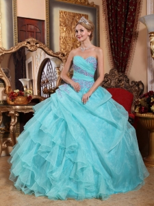 Popular Aqua Blue Quinceanera Dress Sweetheart Organza Appliques and Ruch Ball Gown