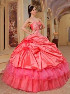 Sweet Coral Red Quinceanera Dress One Shoulder Taffeta Ball Gown