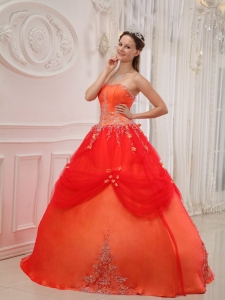 Affordable Orange Red Quinceanera Dress Strapless Taffeta and Tulle Appliques Ball Gown