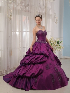 Best Eggplant Purple Quinceanera Dress Sweetheart Court Train Taffeta Appliques Ball Gown