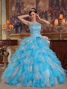 Cheap Aqua Quinceanera Dress Gown Strapless Appliques Organza Blue Ball