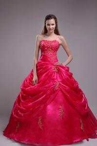Classical Red Quinceanera Dress Strapless Orangza Applqiues Ball Gown