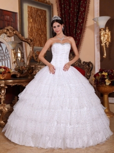 Discount White Quinceanera Dress Strapless Taffeta and Tulle Beading Ball Gown
