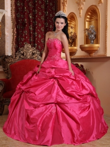 Exquisite Hot Pink Quinceanera Dress Strapless Taffeta Beading Ball Gown
