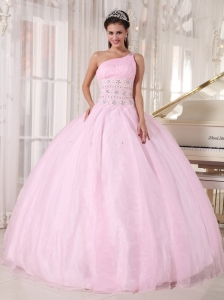 Luxurious Baby Pink Quinceanera Dress One Shoulder Organza Beading Ball Gown