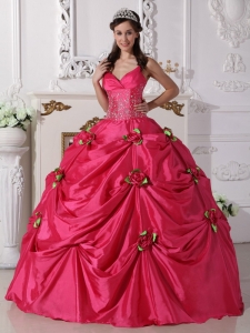 Luxurious Hot Pink Quinceanera Dress Spaghetti Straps Taffeta Beading Ball Gown