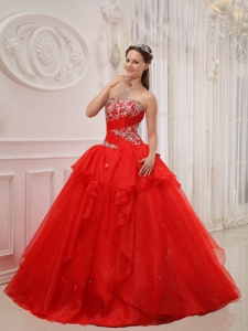 Modest Red Quinceanera Dress Strapless Taffeta and Organza Appliques Ball Gown