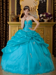 Popular Teal Quinceanera Dress Sweetheart Organza Appliques Ball Gown