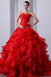 Red A-Line / Princess Sweetheart Beading and Ruffles Quinceanea Dress Brush Train Organza