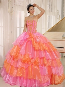 Ruflfled Layers and Appliques Decorate Up Bodice For Rose Pink and Orange Quinceanera Dress