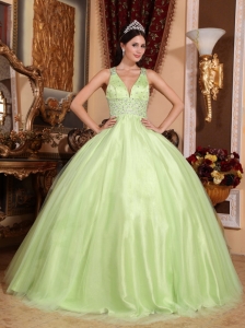 Simple Yellow Green Quinceanera Dress V-neck Tulle and Taffeta Beading Ball Gown