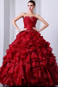 Wine Red Sweet16 Dress Beading and Rufffles A-Line / Princess Sweetheart Floor-length Organza