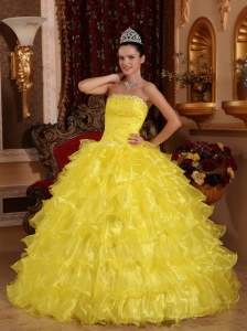 Exclusive Yellow Quinceanera Dress Strapless Organza Beading Ball Gown
