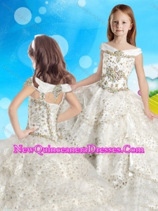 Discount Cap Sleeves Beaded Little Girl Pageant Dress with Off the Shoulder