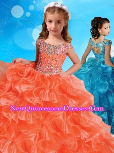 Fashionable Orange Cute Little Girl Pageant Dress with Beaded Decorated Cap Sleeves