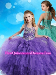 Halter Top Beaded and Ruffled Cute Little Girl Pageant Dress in Eggplant Purple