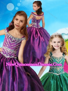 Pretty Off the Shoulder Beaded Cute Little Girl Pageant Dress in Purple