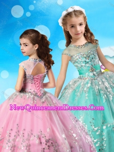 See Through Cap Sleeves Little Girl Pageant Dress with Beading and Appliques