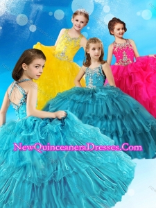 Top Selling Straps Criss Cross Cute Little Girl Pageant Dress with Beading and Ruffled Layers