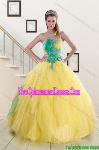 Fashionable 2015 Strapless Yellow and Green Sweet 15 Dresses with Ruching