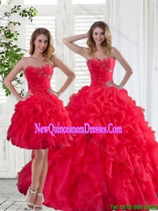 2015 Red Strapless Elegant Quinceanera Dress with Ruffles and Beading