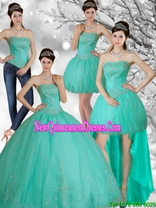 Appliques and Beading Strapless Elegant Sweet 15 Dress in Apple Green