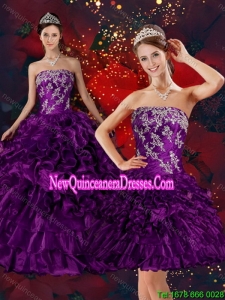 2015 Strapless Quinceanera Dress with Embroidery and Ruffles