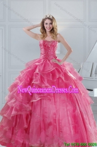 2015 Luxurious Pink Strapless Sweet 15 Dresses with Beading and Ruffles