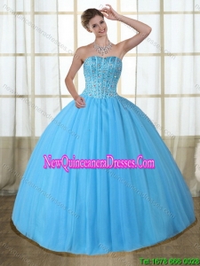 2015 Gorgeous Baby Blue Strapless Quinceanera Dress with Beading