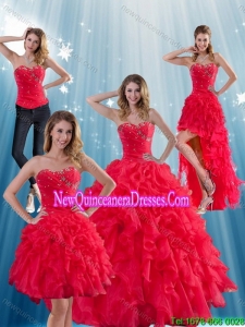 2015 Red Strapless Quinceanera Dress with Ruffles and Beading