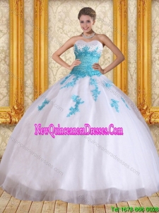 2015 Cute and New Style Sweetheart Floor Length Quinceanera Dress in White and Blue