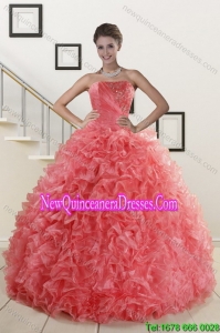 2015 Popular Watermelon Red Quince Dresses with Beading and Ruffles
