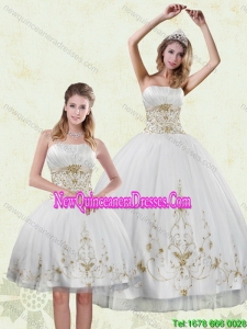 Inexpensive Embroidery White and Gold Quinceanera Dress for 2015