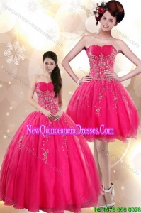 Beautiful and New Style Strapless Floor Length Quince Dresses with Appliques in Hot Pink