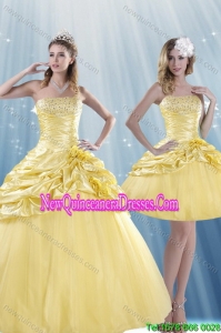 Fashionable and New Style Strapless 2015 Beading Quince Dresses with Beadings and Pick Ups