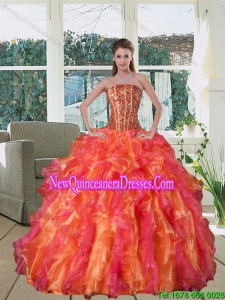 New Style Multi Color Strapless Quince Dress with Beading and Ruffles