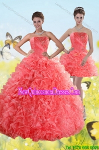 New Style Watermelon Strapless 2015 Quince Dresses with Beading and Ruffles