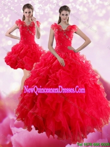 Sophisticated and New Style Red Sweetheart Dresses for Quince with Ruffles and Beading