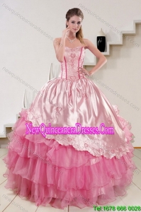 Pretty Strapless Pink 2015 Cute Quinceanera Dresses with Embroidery and Ruffles