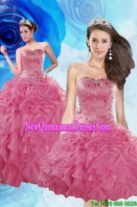 Pretty Coral Red Quince Dresses with Beading and Ruffles