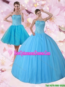 Pretty Detachable Baby Blue Strapless Quinceanera Dress with Beading
