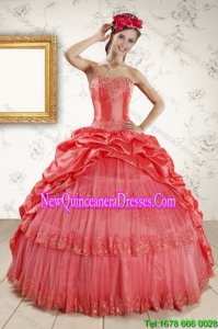 2015 Top Seller Strapless Coral Red Quinceanera Dresses with Pick Ups and Beading