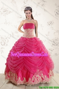 Top Seller 2015 Strapless Hot Pink Quinceanera Dresses with Beading and Lace