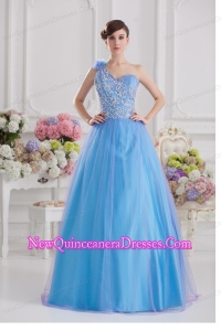 2014 A-line One Shoulder Tulle Blue Quinceanera Dress with Appliques Hand Made Flower