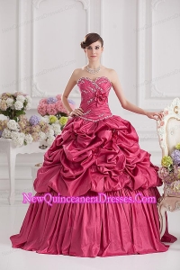 2014 Spring Ball Gown Sweetheart Hand Made Flowers Beading Pick-ups Quinceanera Dress in Red