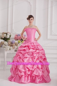 Ball Gown Strapless Pick-ups Rose Pink Quinceanera Dress with Hand Made Flowers