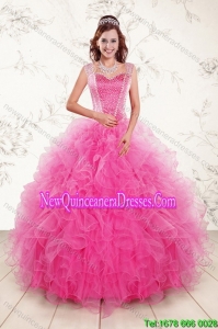 Top Seller 2015 Sweetheart Hot Pink Quince Gown with Beading and Ruffles
