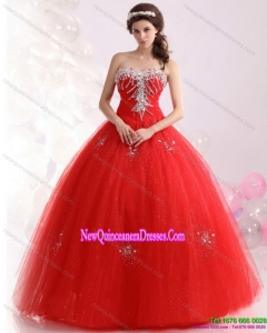 2015 Puffy Sweetheart Red Sweet Sixteen Dresses with Beading
