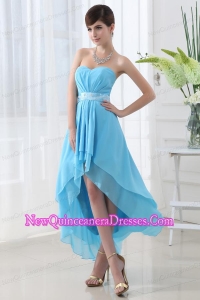 A-line Baby Blue Chiffon High-low Sweatheart Dresses for Dama with Belt